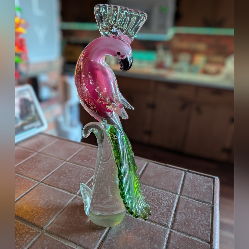 Vintage Alfredo Barbini Style Pink, Green, and Gold Aventurine Cockatoo Figurine